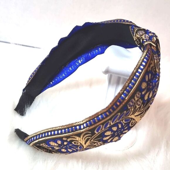 JEWELTONE JACQUARD SATIN FABRIC top knot royal blue gold black headband - Picture 3 of 9